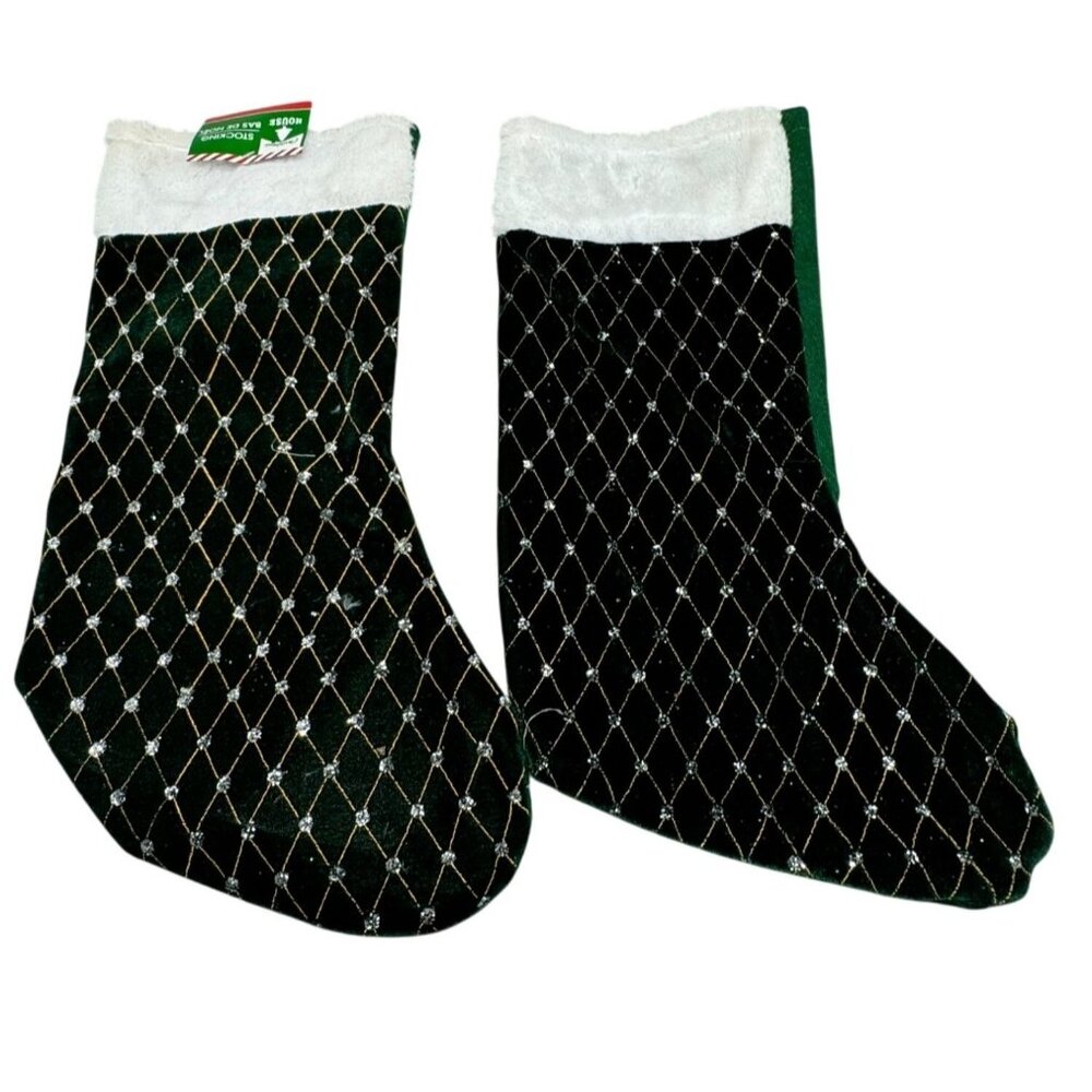 Green & White Velvet Christmas Stockings Set Of 2 With Gold Lattice Glitter READ